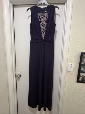 Beaded Navy Sleeveless Maxi Dress with Draped Waist